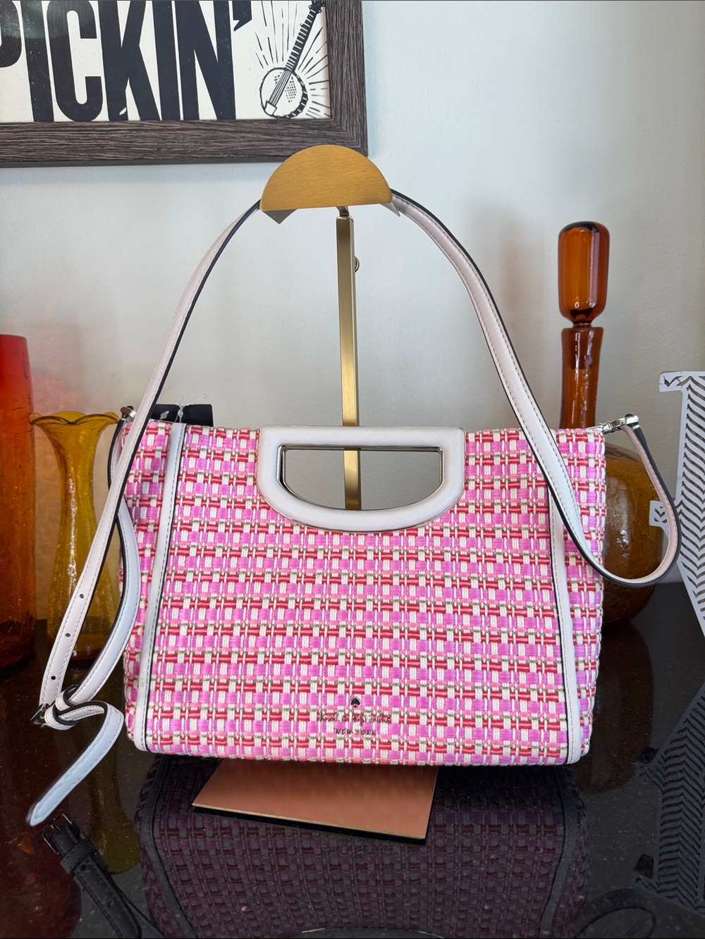 kate spade Pink and White Woven Shoulder Bag
